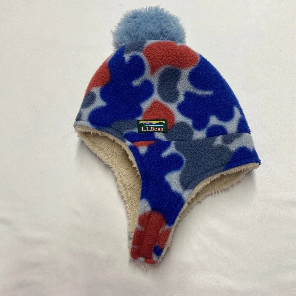 LL Bean Baby Fleece Trapper Hat 6-12M Blue Red Camo Sherpa Lined 515295